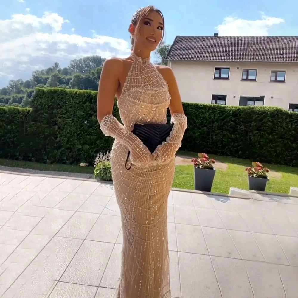 Luxury Nude Mermaid Evening Dresses with Gloves LA72032A - SERENE HILL