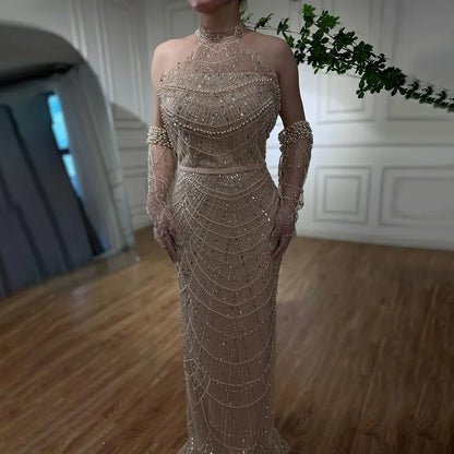 Luxury Nude Mermaid Evening Dresses with Gloves LA72032A - SERENE HILL