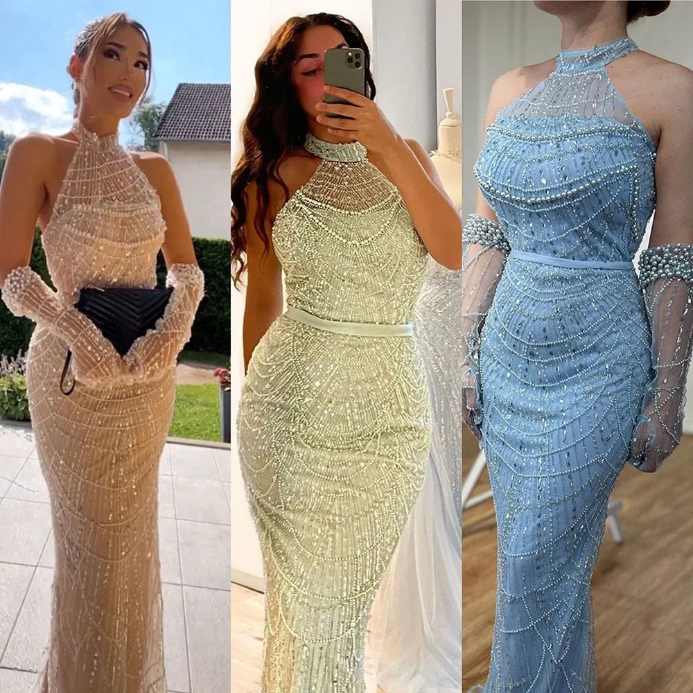 Luxury Nude Mermaid Evening Dresses with Gloves LA72032A - SERENE HILL