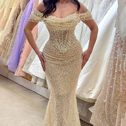 Serene Hill Dubai Arabia Nude Elegant Mermaid Evening Dresses Gowns Luxury Pearls Beaded 2025 For Women Wedding Party LA72270 - SERENE HILL