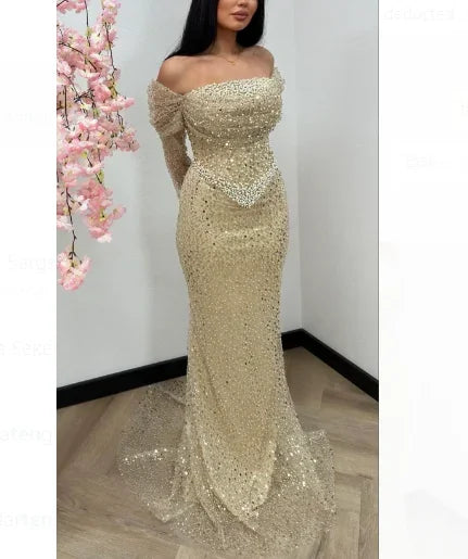 Serene Hill Dubai Arabia Nude Elegant Mermaid Evening Dresses Gowns Luxury Pearls Beaded 2025 For Women Wedding Party LA72270 - SERENE HILL