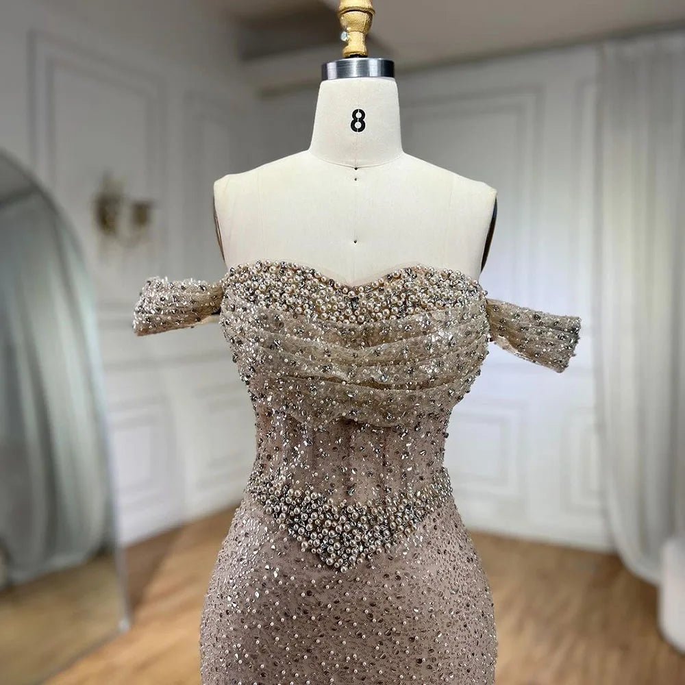 Serene Hill Dubai Arabia Nude Elegant Mermaid Evening Dresses Gowns Luxury Pearls Beaded 2025 For Women Wedding Party LA72270 - SERENE HILL