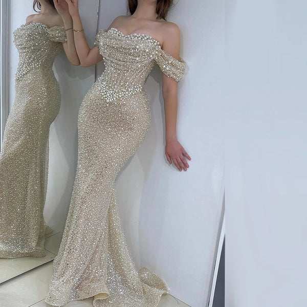 Serene Hill Dubai Arabia Nude Elegant Mermaid Evening Dresses Gowns Luxury Pearls Beaded 2025 For Women Wedding Party LA72270