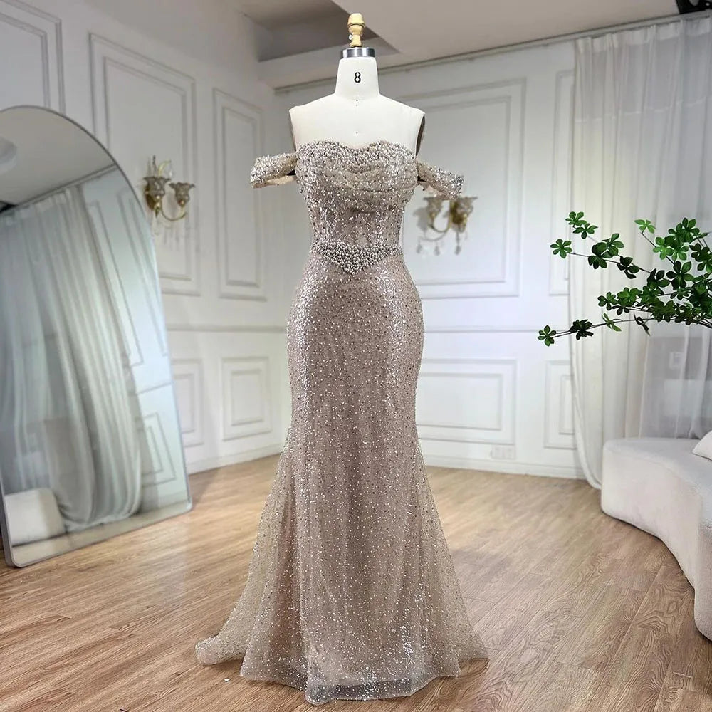 Serene Hill Dubai Arabia Nude Elegant Mermaid Evening Dresses Gowns Luxury Pearls Beaded 2025 For Women Wedding Party LA72270 - SERENE HILL