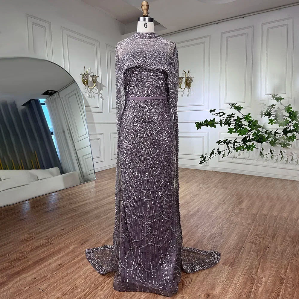 Luxury Designer Pearls Green Evening Dresses with Cape LA72032 - SERENE HILL