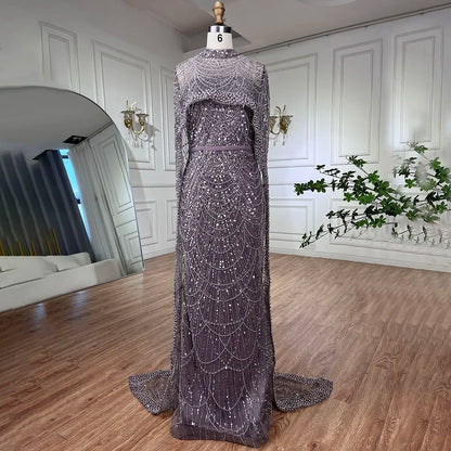 Luxury Designer Pearls Green Evening Dresses with Cape LA72032 - SERENE HILL