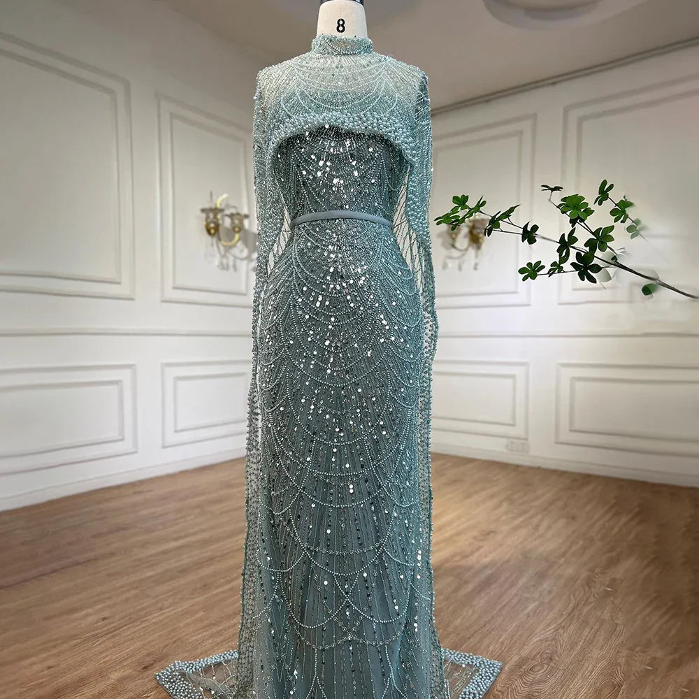 Luxury Designer Pearls Green Evening Dresses with Cape LA72032 - SERENE HILL