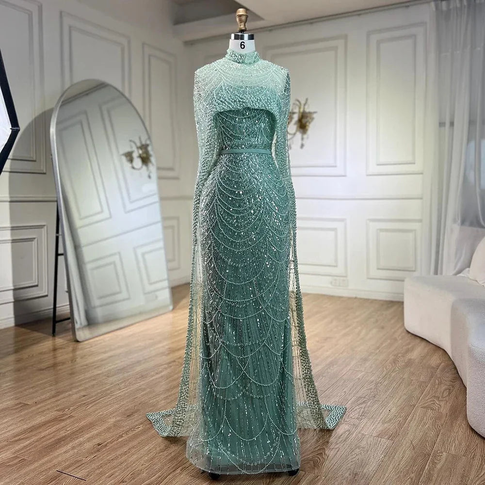 Luxury Designer Pearls Green Evening Dresses with Cape LA72032 - SERENE HILL