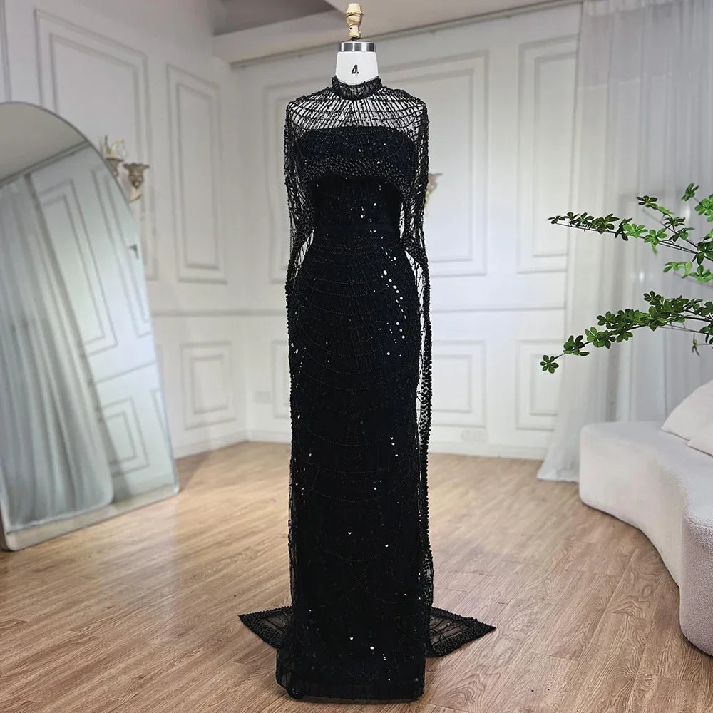 Luxury Designer Pearls Green Evening Dresses with Cape LA72032 - SERENE HILL