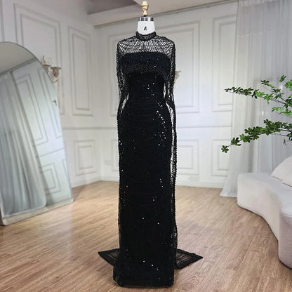 Luxury Designer Pearls Green Evening Dresses with Cape LA72032 - SERENE HILL