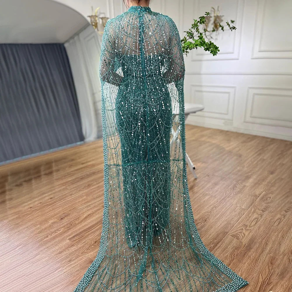 Luxury Designer Pearls Green Evening Dresses with Cape LA72032 - SERENE HILL