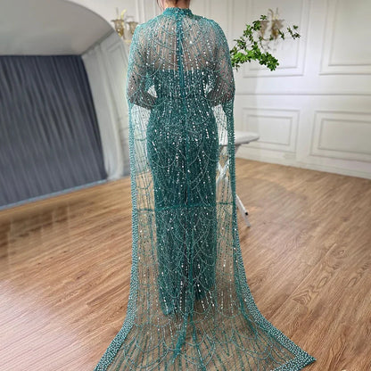 Luxury Designer Pearls Green Evening Dresses with Cape LA72032 - SERENE HILL