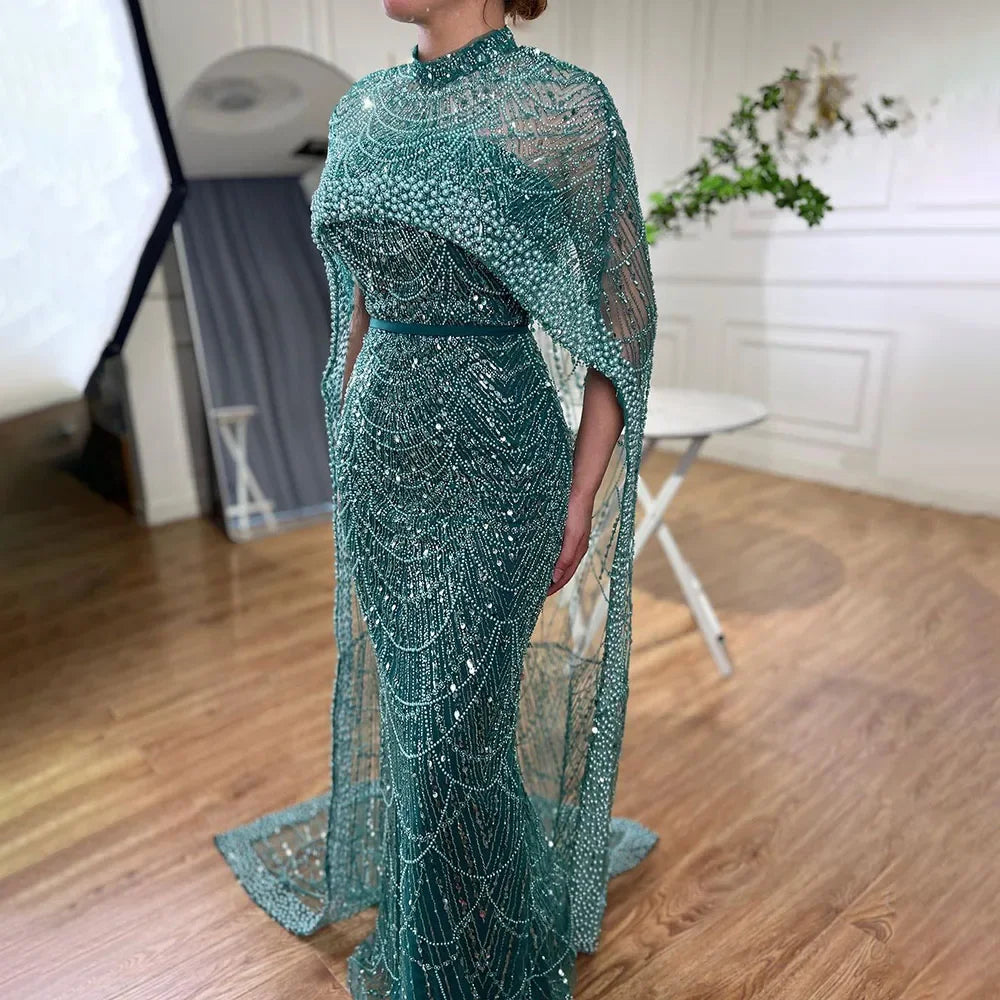 Luxury Designer Pearls Green Evening Dresses with Cape LA72032 - SERENE HILL