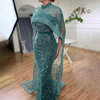 Luxury Designer Pearls Green Evening Dresses with Cape LA72032 - SERENE HILL