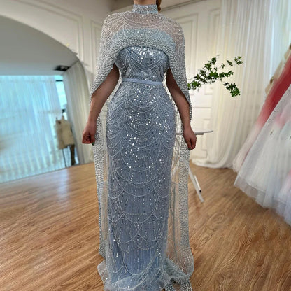 Luxury Designer Pearls Green Evening Dresses with Cape LA72032 - SERENE HILL