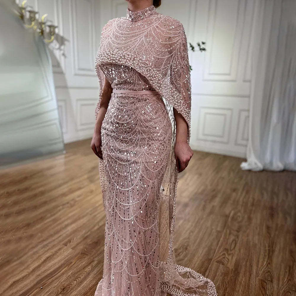 Luxury Designer Pearls Green Evening Dresses with Cape LA72032 - SERENE HILL