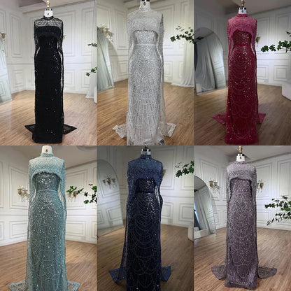 Luxury Designer Pearls Green Evening Dresses with Cape LA72032 - SERENE HILL
