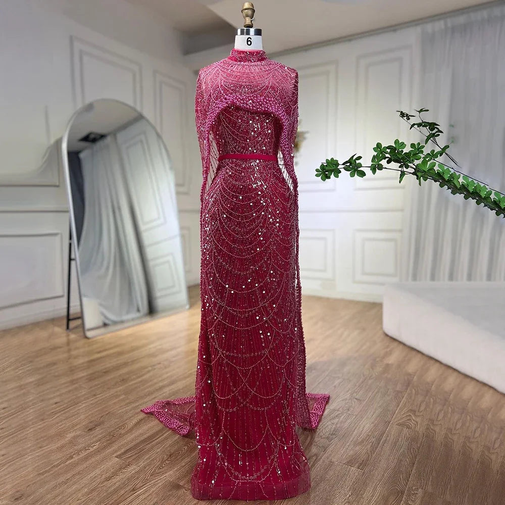 Luxury Designer Pearls Green Evening Dresses with Cape LA72032 - SERENE HILL