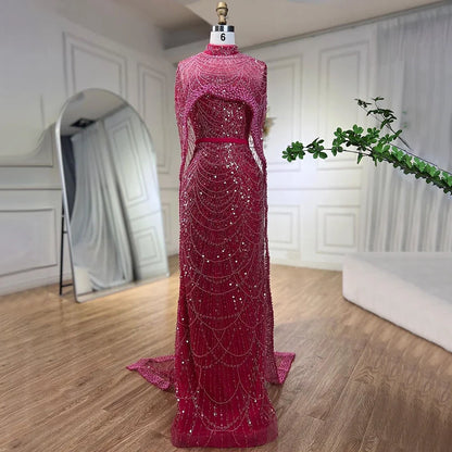 Luxury Designer Pearls Green Evening Dresses with Cape LA72032 - SERENE HILL