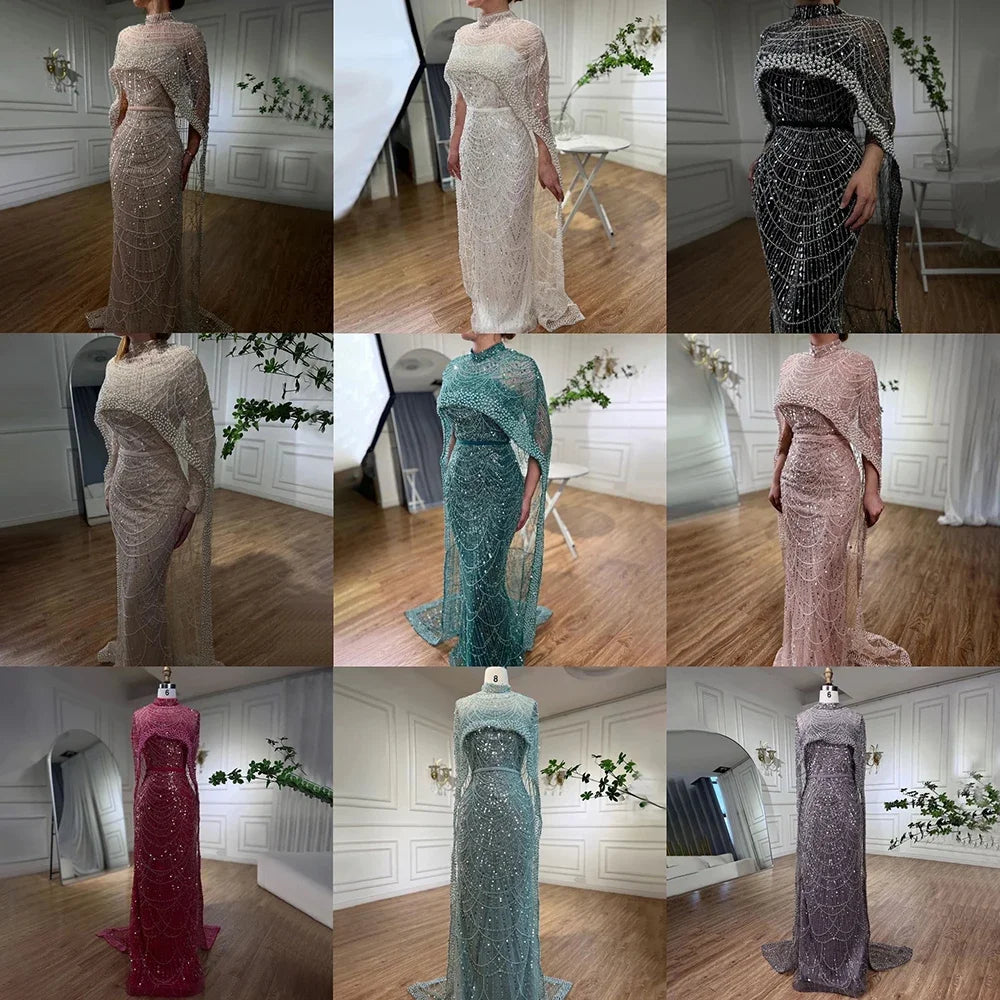 Luxury Designer Pearls Green Evening Dresses with Cape LA72032 - SERENE HILL