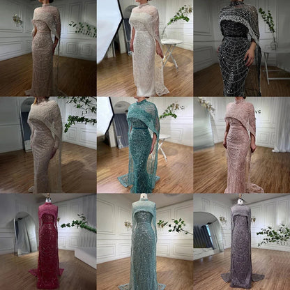 Luxury Designer Pearls Green Evening Dresses with Cape LA72032 - SERENE HILL