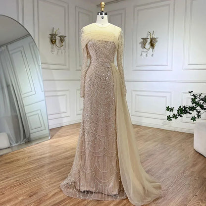 Luxury Champagne Mermaid Long Sleeves Arabic Evening Dress LA72254A - SERENE HILL