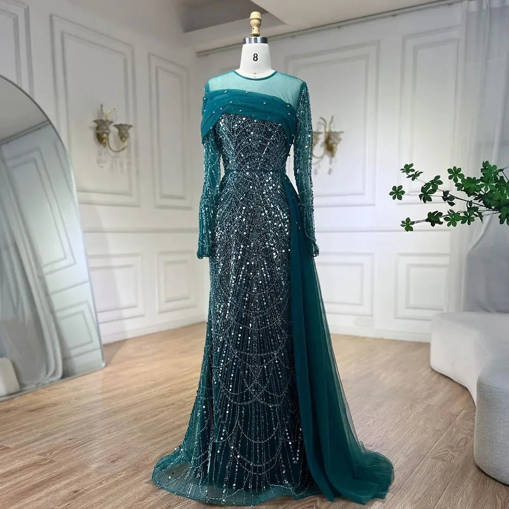 Luxury Champagne Mermaid Long Sleeves Arabic Evening Dress LA72254A - SERENE HILL
