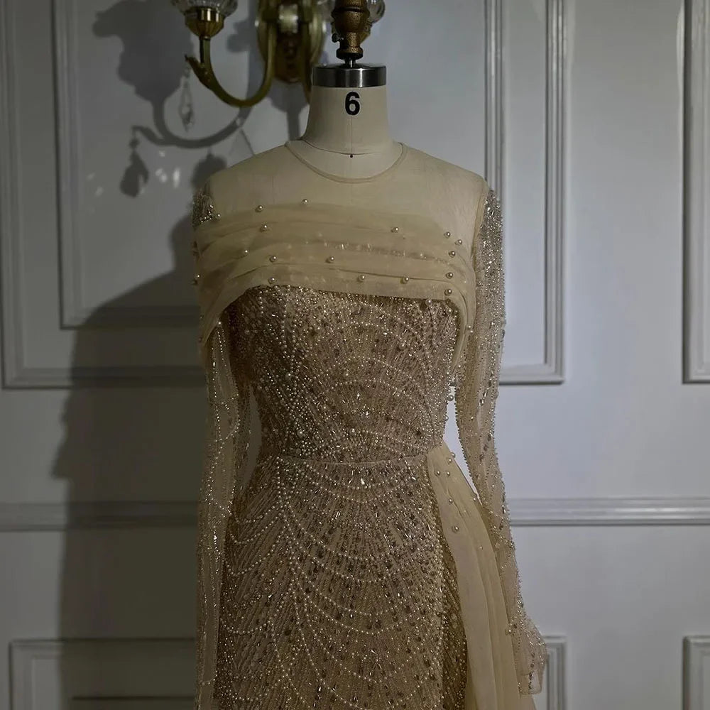 Luxury Champagne Mermaid Long Sleeves Arabic Evening Dress LA72254A - SERENE HILL