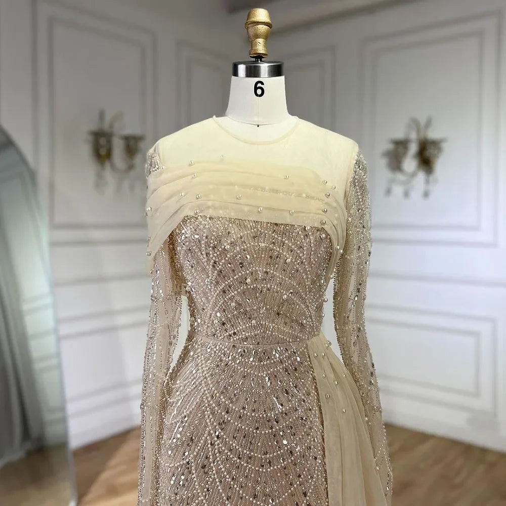 Luxury Champagne Mermaid Long Sleeves Arabic Evening Dress LA72254A - SERENE HILL
