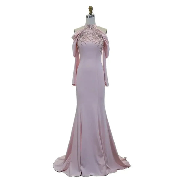 Serene Hill Dubai Arabia Pink Elegant Mermaid Satin Beaded Luxury Evening Dresses Gowns 2025 For Women Wedding Party LA72275