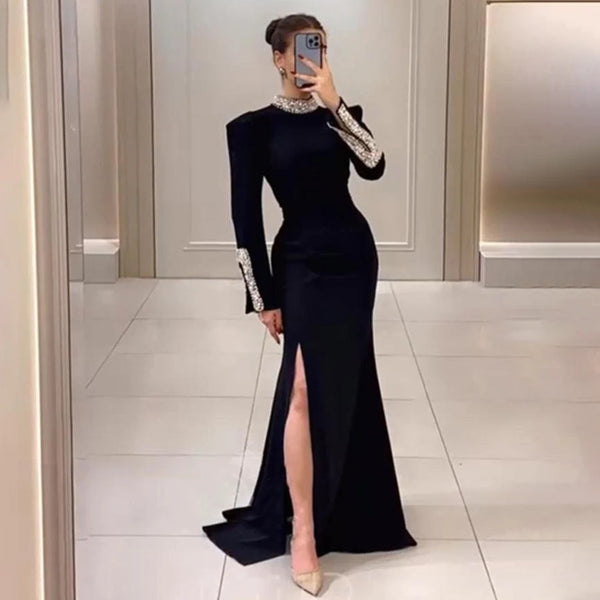 Luxury Black Satin Long Sleeves Mermaid Evening Dress LA72476