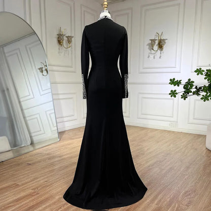 Luxury Black Satin Long Sleeves Mermaid Evening Dress LA72476 - SERENE HILL