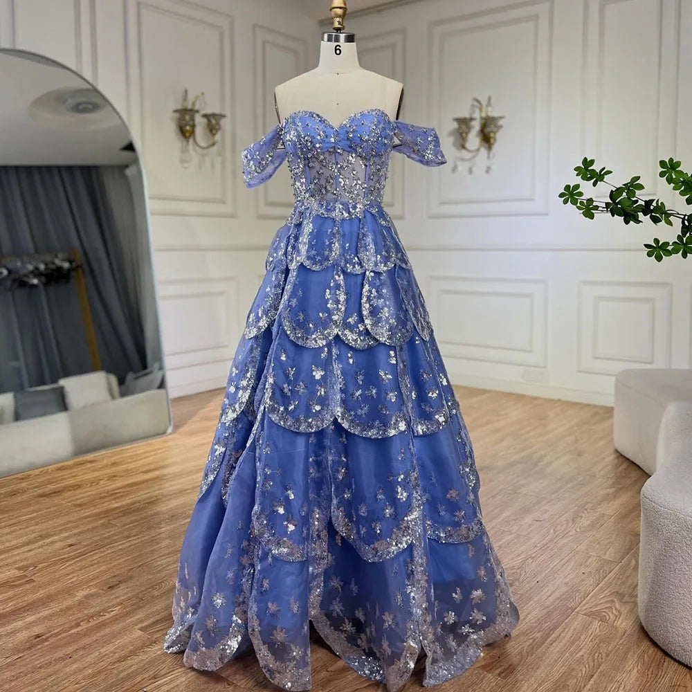 Serene Hill Dubai Arabic Blue A Line Luxury Beaded Bling Evening Dresses Gowns For Women Wedding Party 2025 LA72307 - SERENE HILL