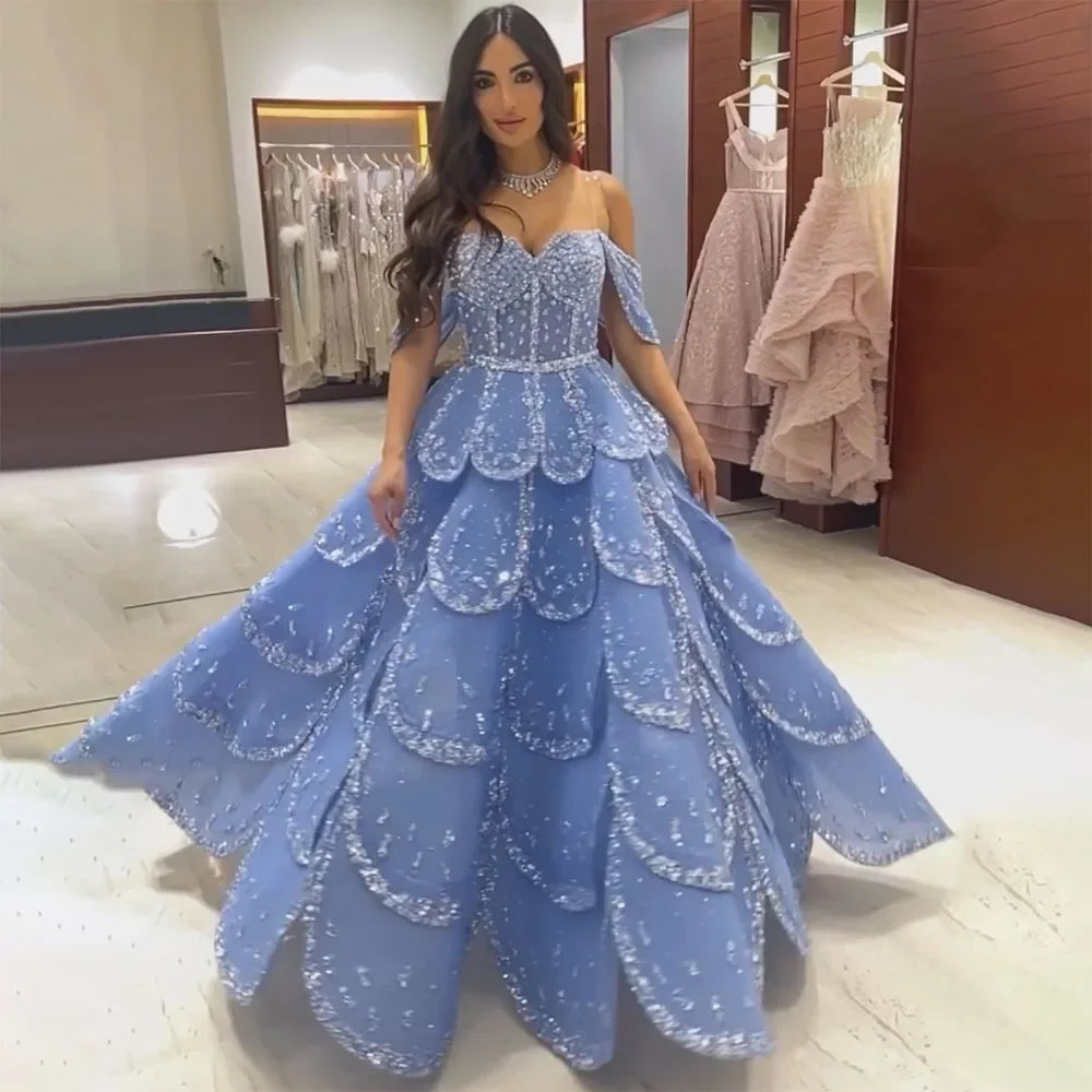 Serene Hill Dubai Arabic Blue A Line Luxury Beaded Bling Evening Dresses Gowns For Women Wedding Party 2025 LA72307 - SERENE HILL
