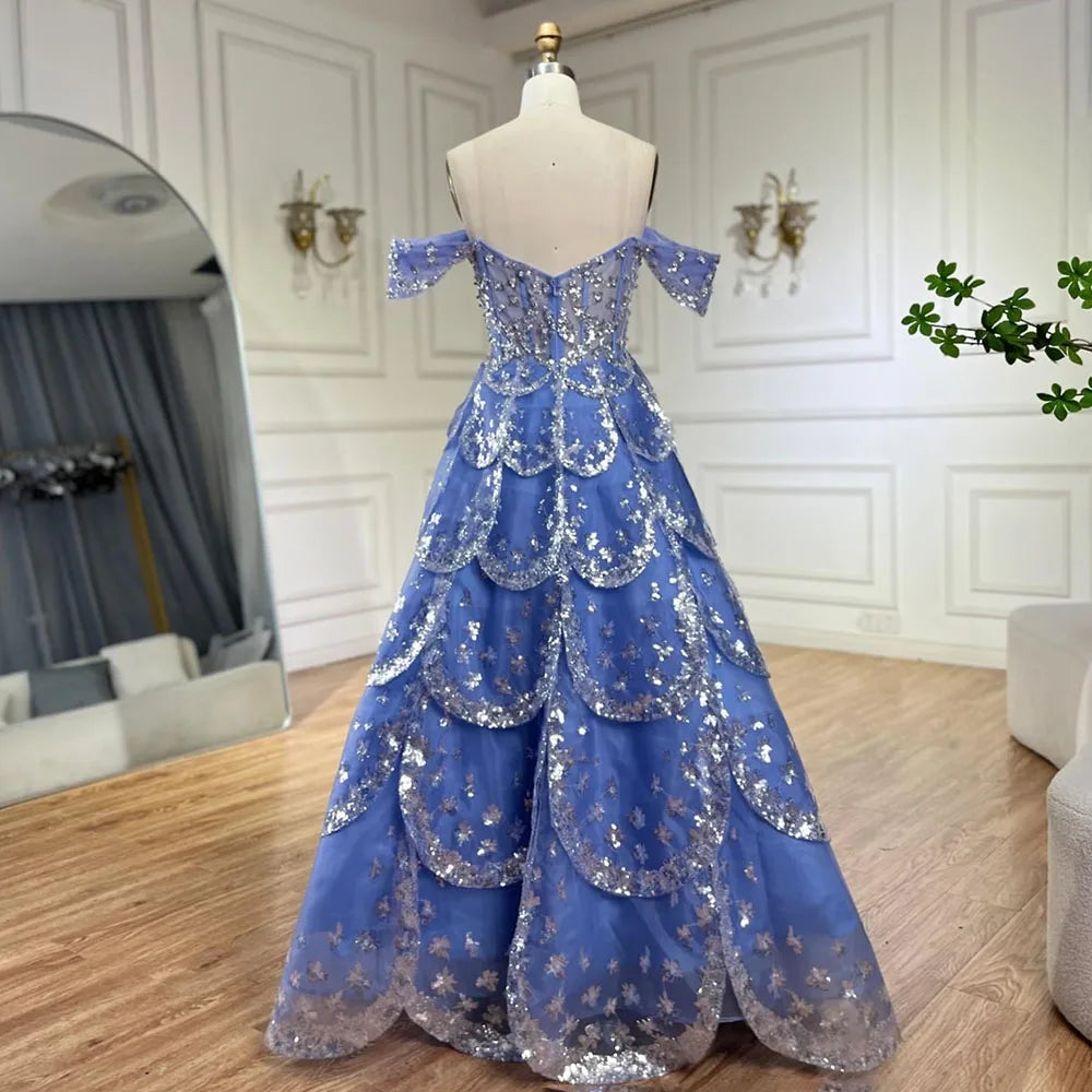 Serene Hill Dubai Arabic Blue A Line Luxury Beaded Bling Evening Dresses Gowns For Women Wedding Party 2025 LA72307 - SERENE HILL