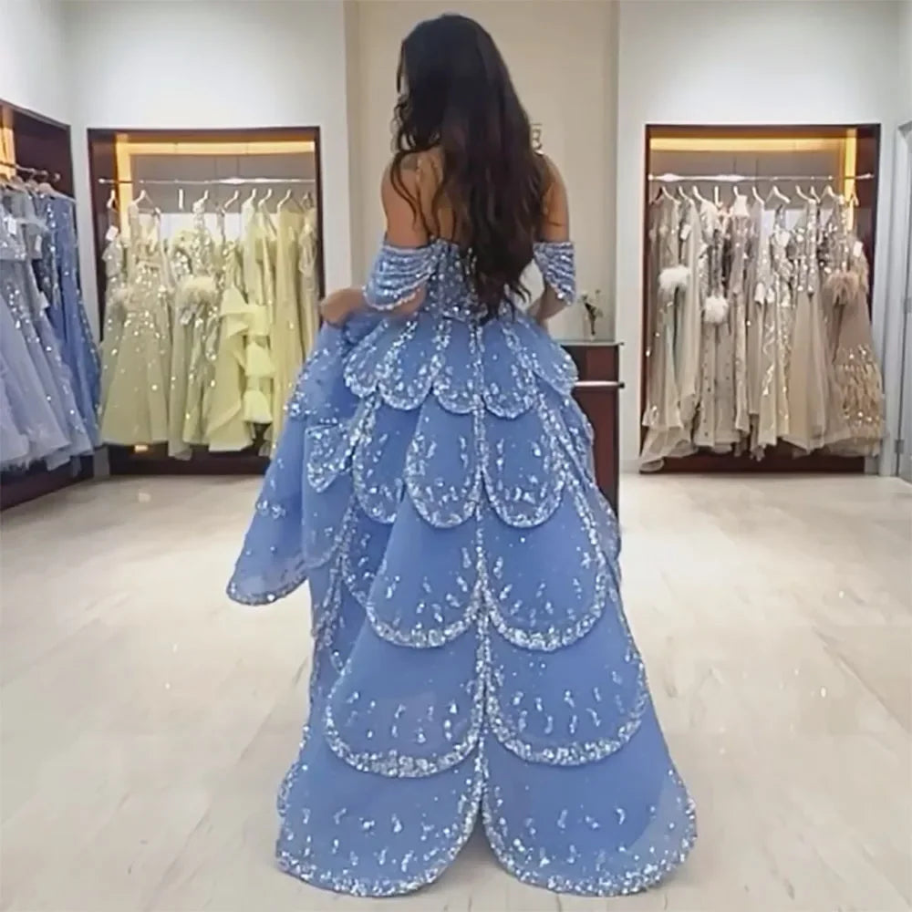 Serene Hill Dubai Arabic Blue A Line Luxury Beaded Bling Evening Dresses Gowns For Women Wedding Party 2025 LA72307 - SERENE HILL