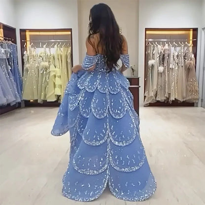 Serene Hill Dubai Arabic Blue A Line Luxury Beaded Bling Evening Dresses Gowns For Women Wedding Party 2025 LA72307 - SERENE HILL