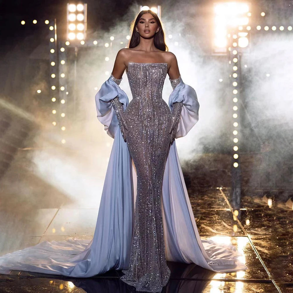 Luxury Dubai Arabic Blue Mermaid Balloon Sleeves Beaded Evening Dresses LA71823 - SERENE HILL