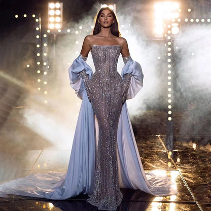 Luxury Dubai Arabic Blue Mermaid Balloon Sleeves Beaded Evening Dresses LA71823 - SERENE HILL