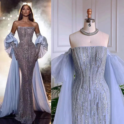Luxury Dubai Arabic Blue Mermaid Balloon Sleeves Beaded Evening Dresses LA71823 - SERENE HILL