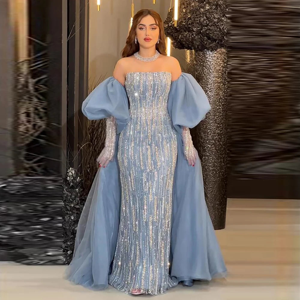 Luxury Dubai Arabic Blue Mermaid Balloon Sleeves Beaded Evening Dresses LA71823 - SERENE HILL