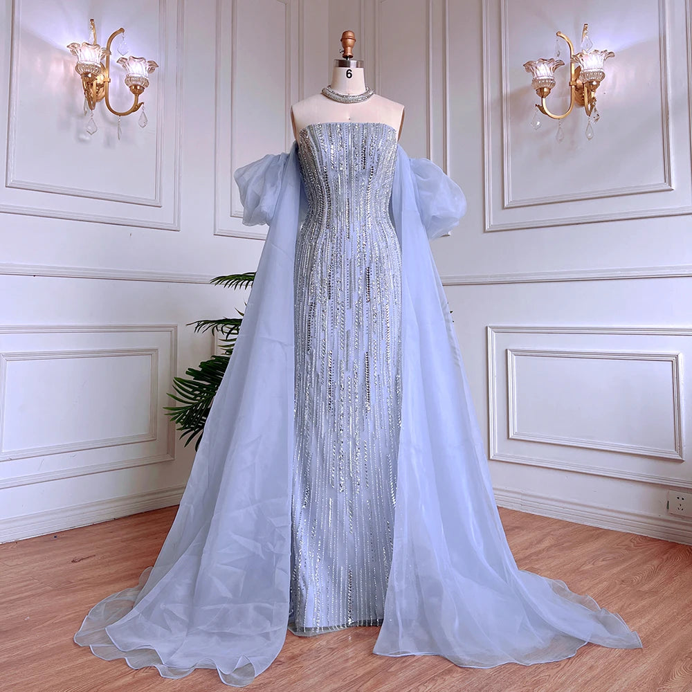 Luxury Dubai Arabic Blue Mermaid Balloon Sleeves Beaded Evening Dresses LA71823 - SERENE HILL