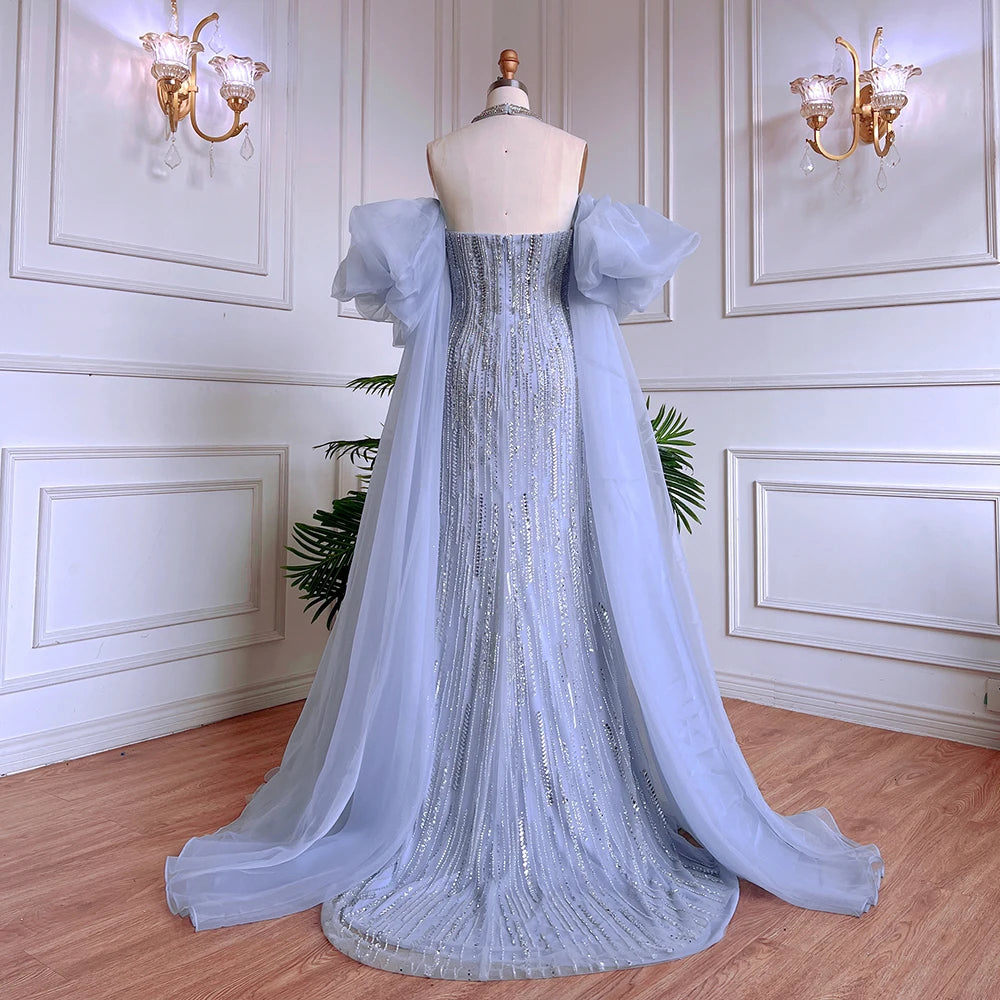 Luxury Dubai Arabic Blue Mermaid Balloon Sleeves Beaded Evening Dresses LA71823 - SERENE HILL