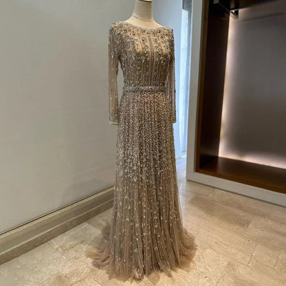 Dubai Designer Luxury Nude A-Line Beaded Evening Dress LA72088 - SERENE HILL