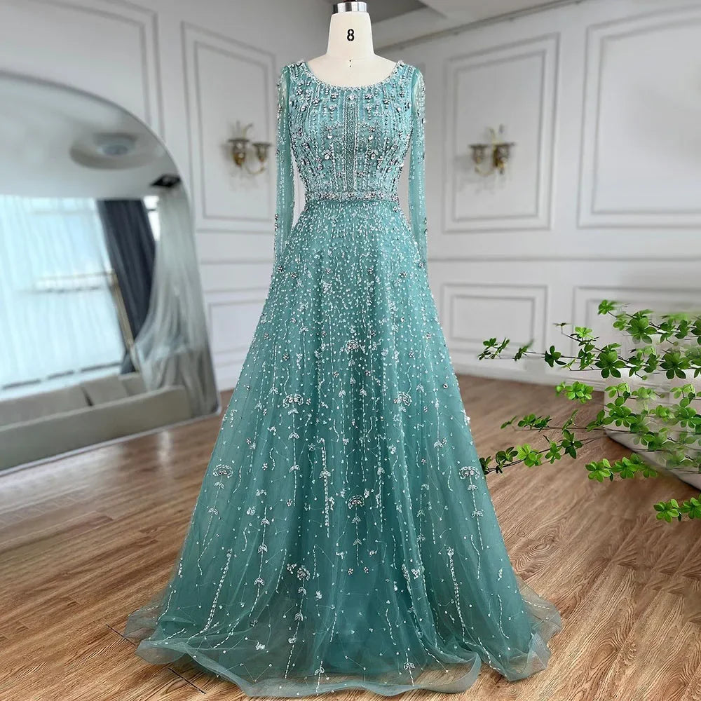 Dubai Designer Luxury Nude A-Line Beaded Evening Dress LA72088 - SERENE HILL