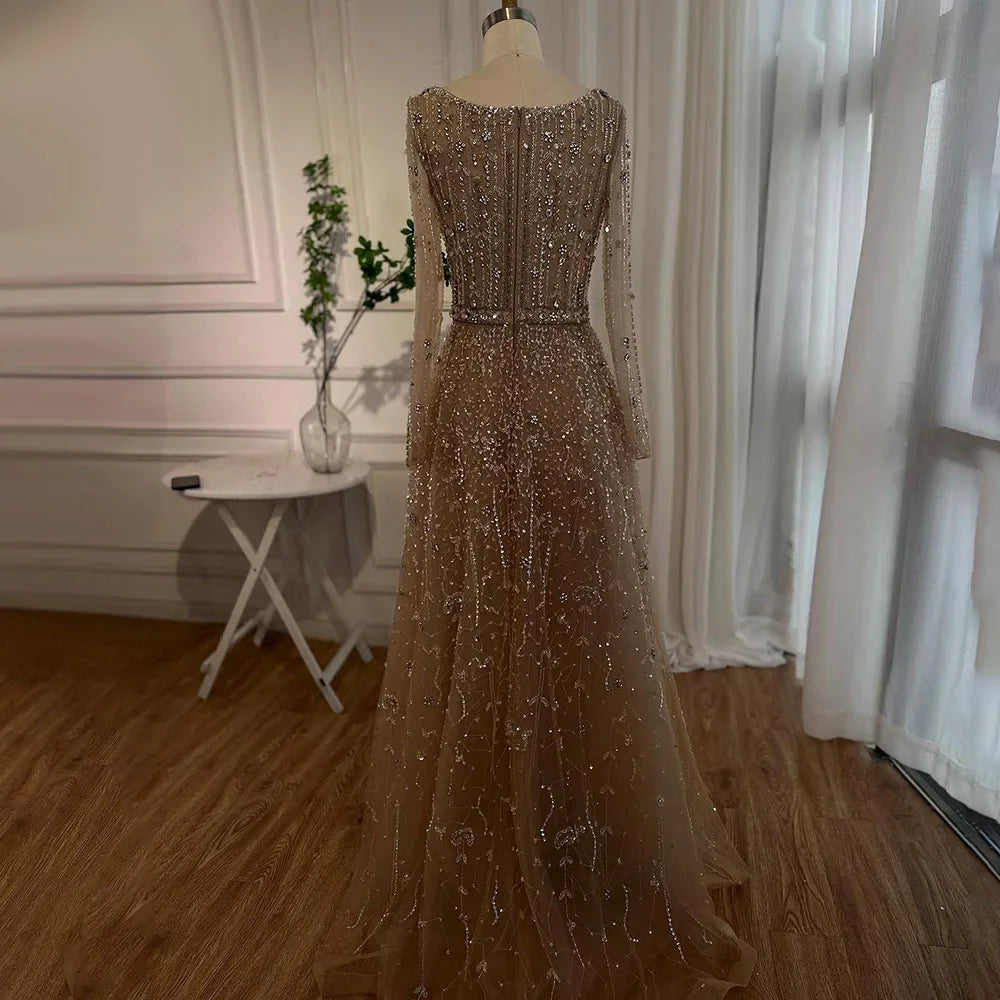 Dubai Designer Luxury Nude A-Line Beaded Evening Dress LA72088 - SERENE HILL
