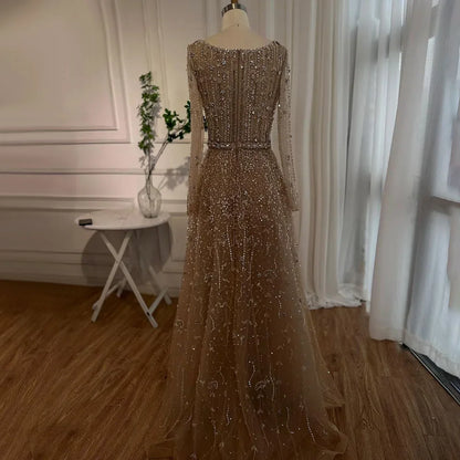 Dubai Designer Luxury Nude A-Line Beaded Evening Dress LA72088 - SERENE HILL