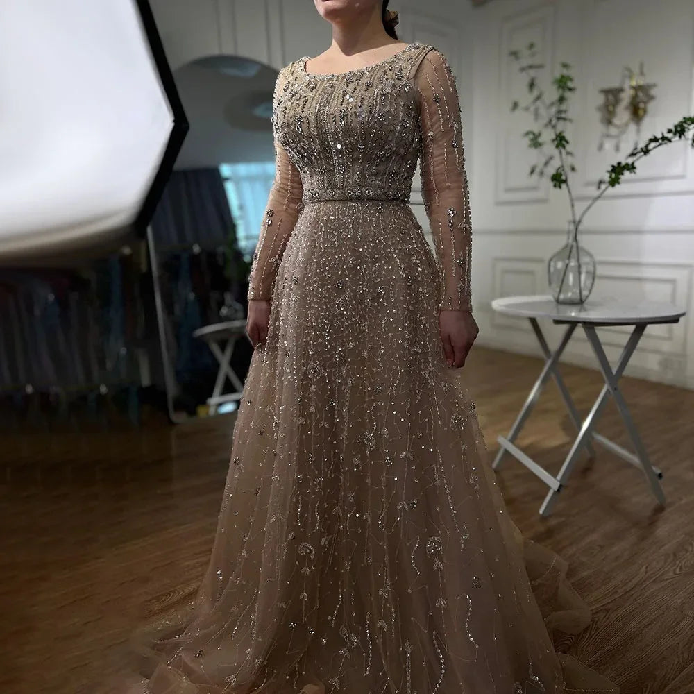 Dubai Designer Luxury Nude A-Line Beaded Evening Dress LA72088 - SERENE HILL