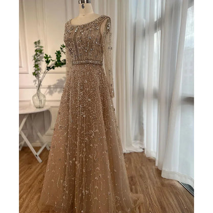 Dubai Designer Luxury Nude A-Line Beaded Evening Dress LA72088 - SERENE HILL