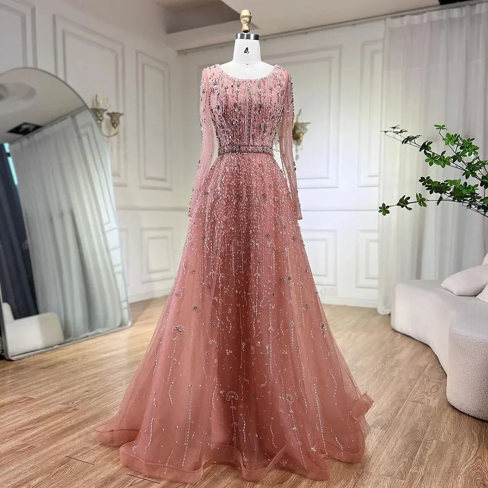 Dubai Designer Luxury Nude A-Line Beaded Evening Dress LA72088 - SERENE HILL